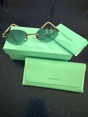 Tiffany & Co. Rimless Sunglasses with Teal Lenses and Gold Temples